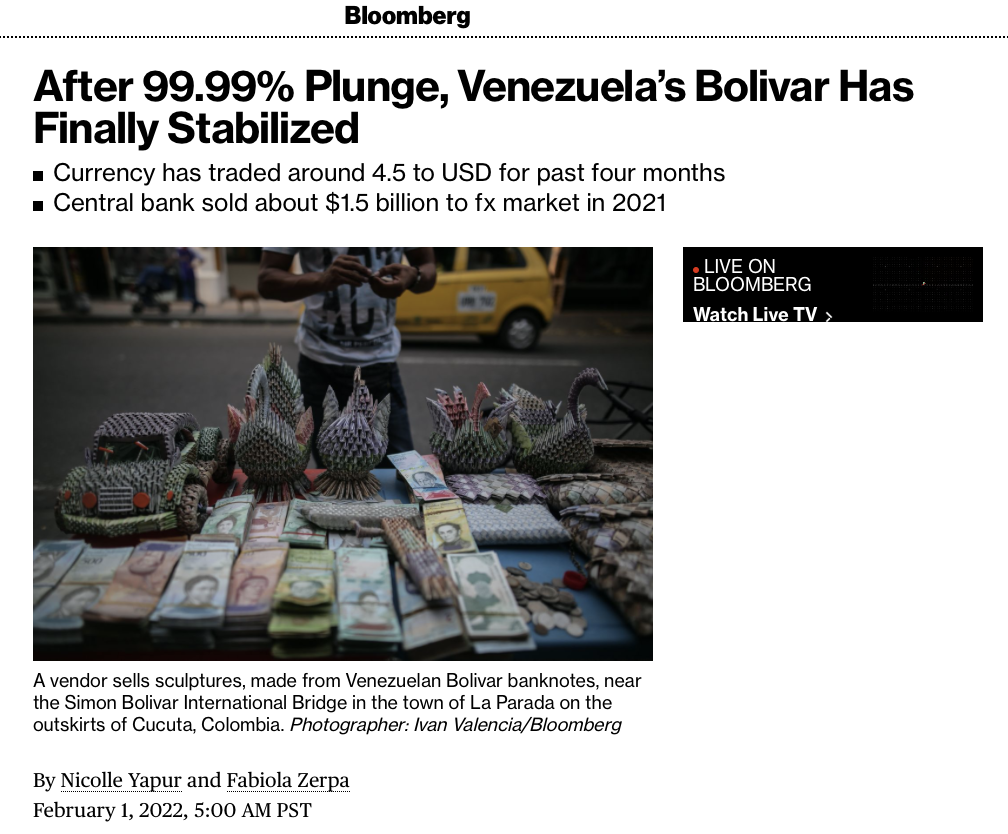 Venezuelan Bolivar Stabilizes after losing 99.99% of its value